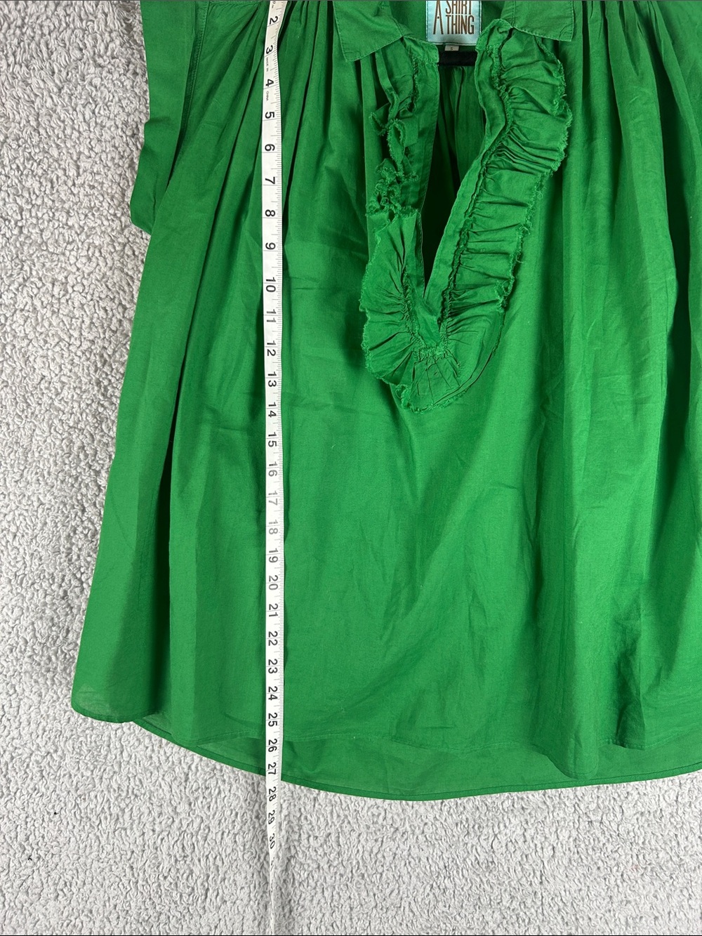 A Shirt Thing Relaxed Flowy Style Frayed Ruffles Green Cotton Top Size S - Picture 10 of 15